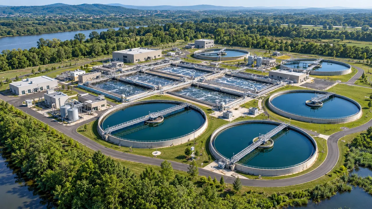 Illustrative aerial view of a wastewater treatment plant with circular clarifiers and aeration basins
